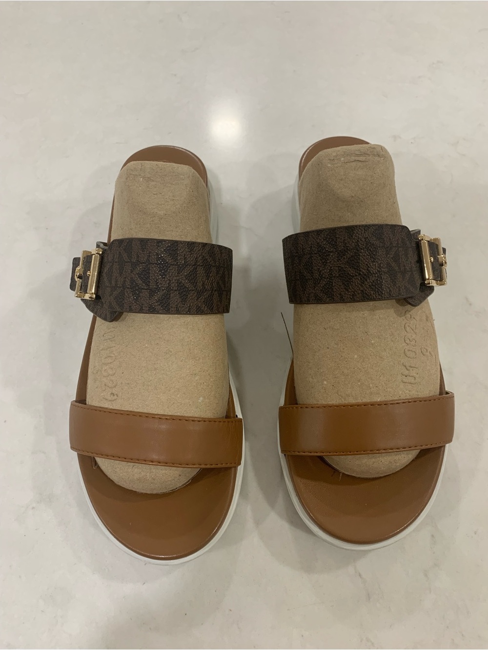 Michael Kors Brown and Tan Double-Strap Slide Sandals